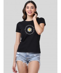 Women's Black Crew Neck "Bloom with Grace" Print Cotton Jersey Short Sleeve T-Shirt by Boer and Fitch