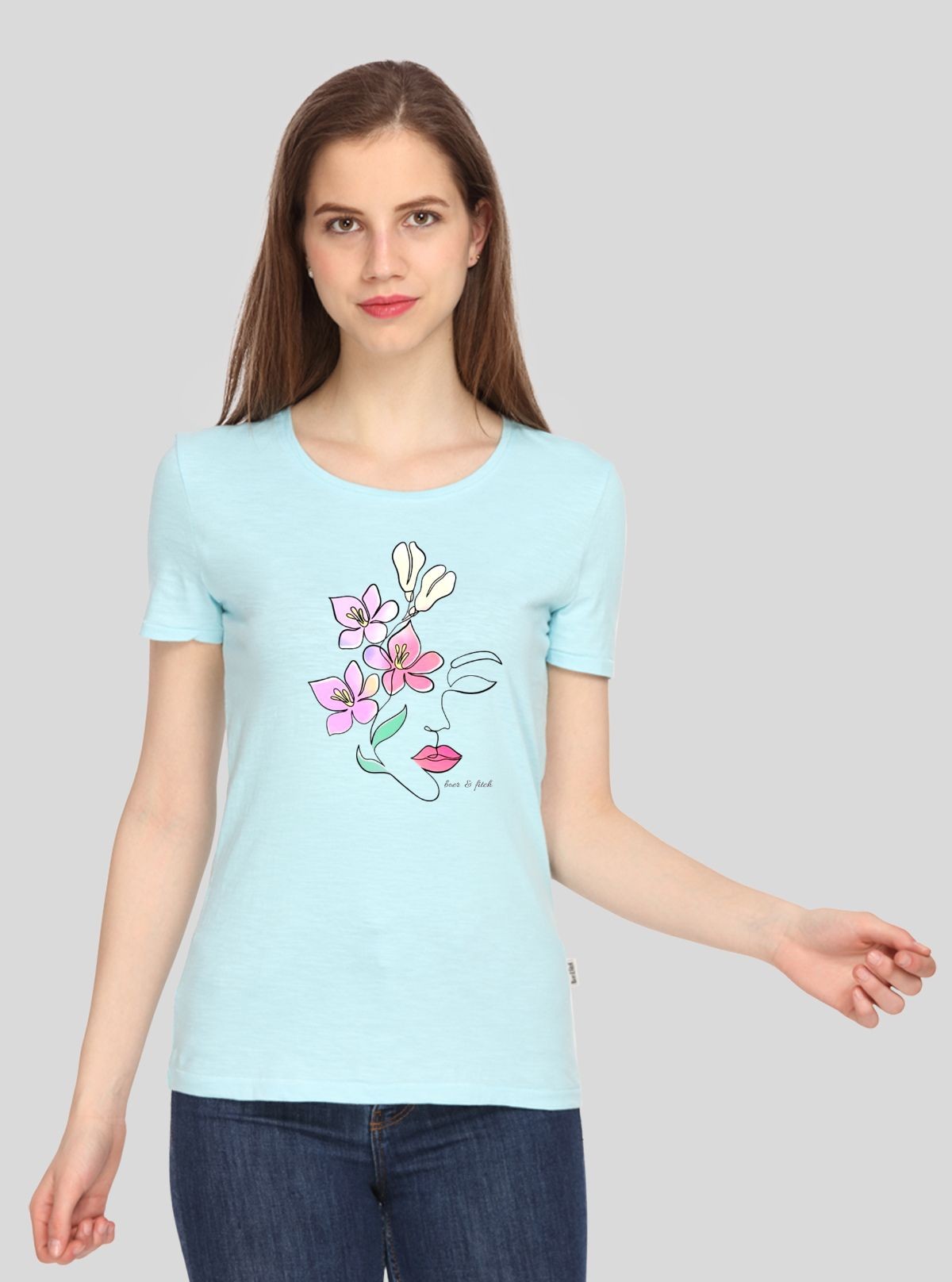 floral face Printed Blue TShirt