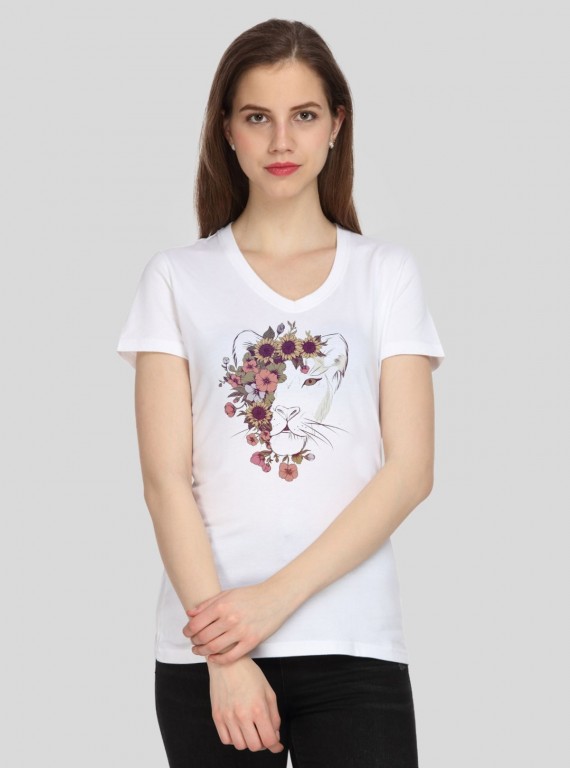 White Printed V Neck TShirt