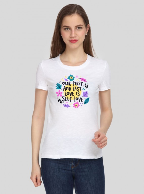 Women's White Slub Jersey Printed Crew Neck Cotton Short Sleeve T-Shirt by Boer and Fitch