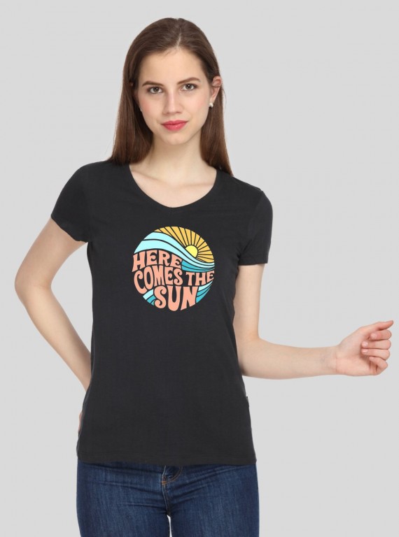 Women’s Black Sun Print Cotton T-Shirt – Casual & Comfy | Boer & Fitch
