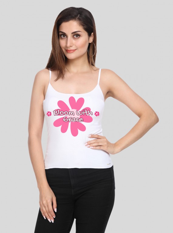 Women’s White Spaghetti Top with Pink Floral Print – Soft & Feminine | Boer & Fitch
