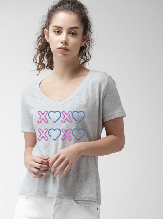 Women’s Grey V-Neck Chest Printed Short Sleeve Cotton Jersey T-Shirt by Boer and Fitch