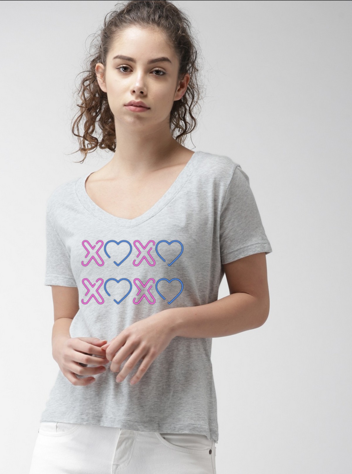 Women’s Grey V-Neck Chest Printed Short Sleeve Cotton Jersey T-Shirt by Boer and Fitch