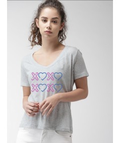 Women’s Grey V-Neck Chest Printed Short Sleeve Cotton Jersey T-Shirt by Boer and Fitch
