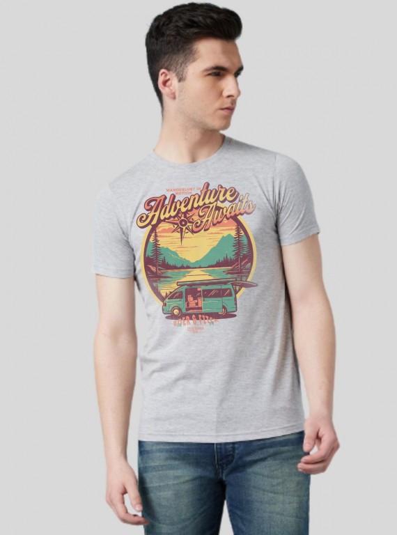 Men’s Grey Melange Vintage Print T-Shirt – Retro Look, Modern Comfort