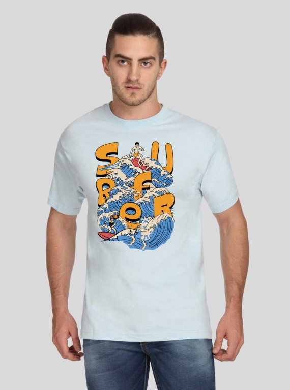 Men’s Light Blue Surfer Print T-Shirt – Coastal Vibes & Casual Comfort