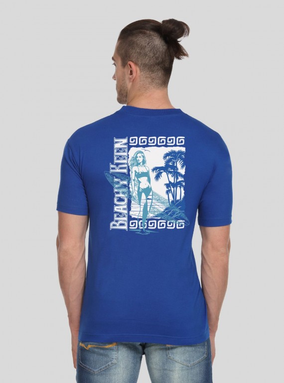 Men’s Royal Blue Beach Vibes Print T-Shirt – Tropical Graphic Cotton Tee