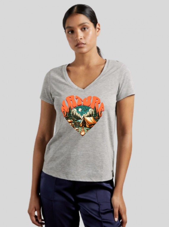 Women's Grey Melange V-Neck Nature Print Short Sleeve Cotton Jersey T-Shirt by Boer and Fitch