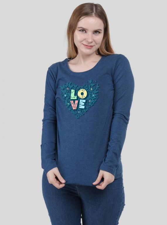 Women's Prussian Blue Crew Neck Love Print Cotton Jersey Long Sleeve T-Shirt by Boer and Fitch