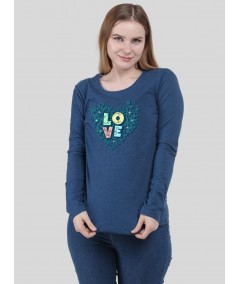 Women's Prussian Blue Crew Neck Love Print Cotton Jersey Long Sleeve T-Shirt by Boer and Fitch