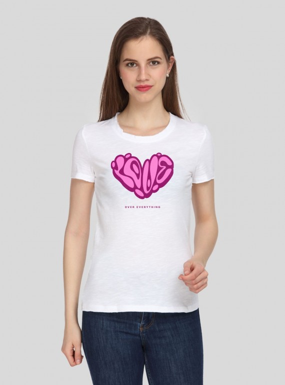 Women's White Crew Neck Love Print Cotton Jersey Short Sleeve T-Shirt by Boer and Fitch