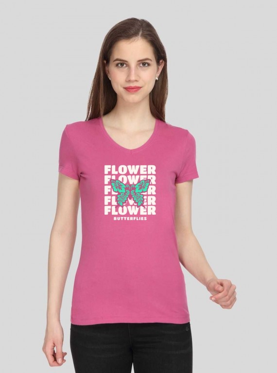 Fuchsia Printed V Neck TShirt