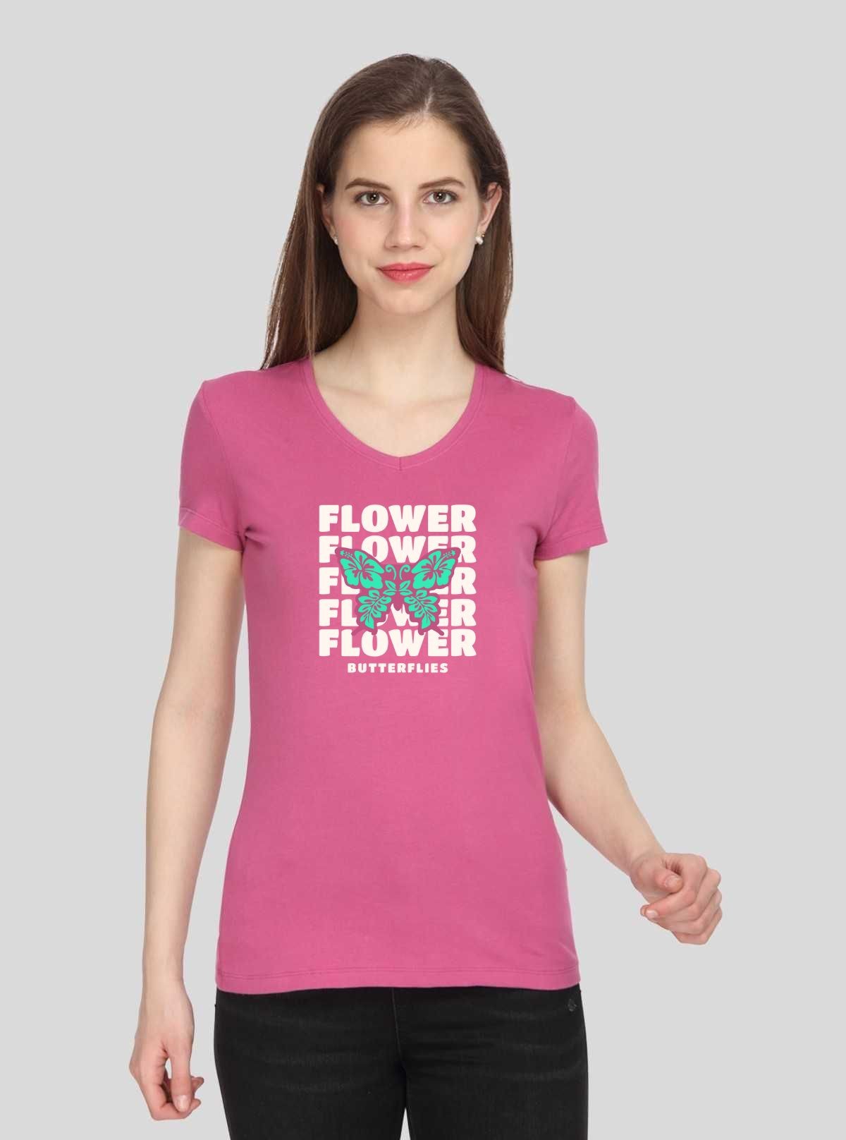 Women’s Fuchsia V-Neck Butterfly Print Short Sleeve Cotton Jersey T-Shirt by Boer and Fitch
