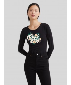 Women's Black Crew Neck Butterfly Print Cotton Jersey Long Sleeve T-Shirt by Boer and Fitch