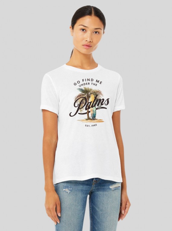 Women's White Crew Neck Palms Print Cotton Jersey Short Sleeve T-Shirt by Boer and Fitch