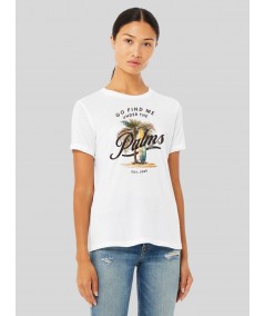 Women's White Crew Neck Palms Print Cotton Jersey Short Sleeve T-Shirt by Boer and Fitch