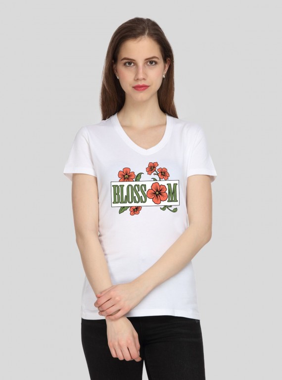 Women’s White V-Neck Blossom Print Short Sleeve Cotton Jersey T-Shirt by Boer and Fitch