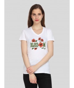 Women’s White V-Neck Blossom Print Short Sleeve Cotton Jersey T-Shirt by Boer and Fitch