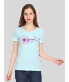 Women's Sky Blue Flower Print Crew Neck Cotton Slub Jersey Short Sleeve T-Shirt by Boer and Fitch