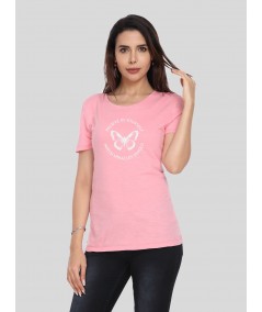 Women's Pink Crew Neck Butterfly Print Cotton Jersey Short Sleeve T-Shirt by Boer and Fitch