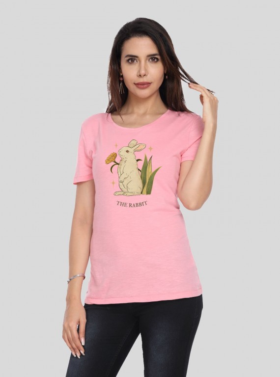 Women's Pink Crew Neck Rabbit Print Cotton Jersey Short Sleeve T-Shirt by Boer and Fitch