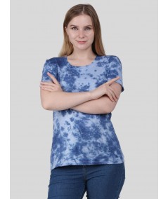 Women's Blue Distressed Tie and Dye Crew Neck Cotton Jersey Short Sleeve T-Shirt by Boer and Fitch