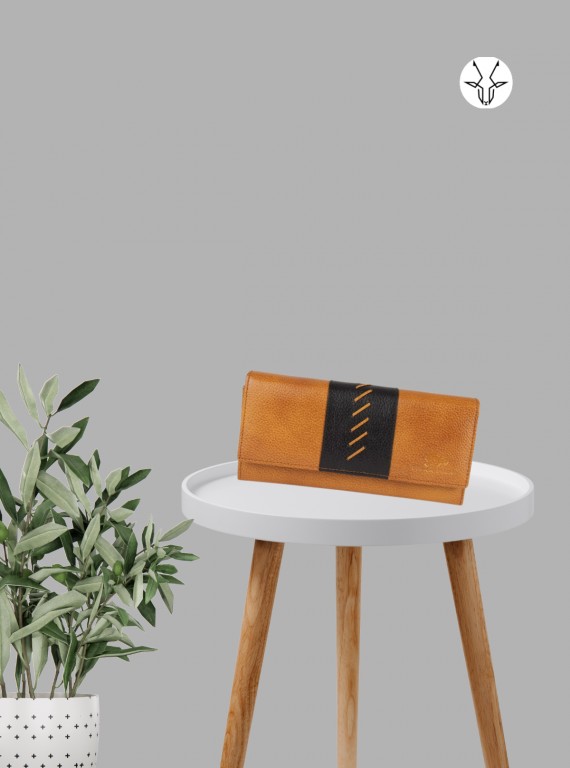 Tan Leather Clutch Wallet with Black Patch – Elegant & Sleek