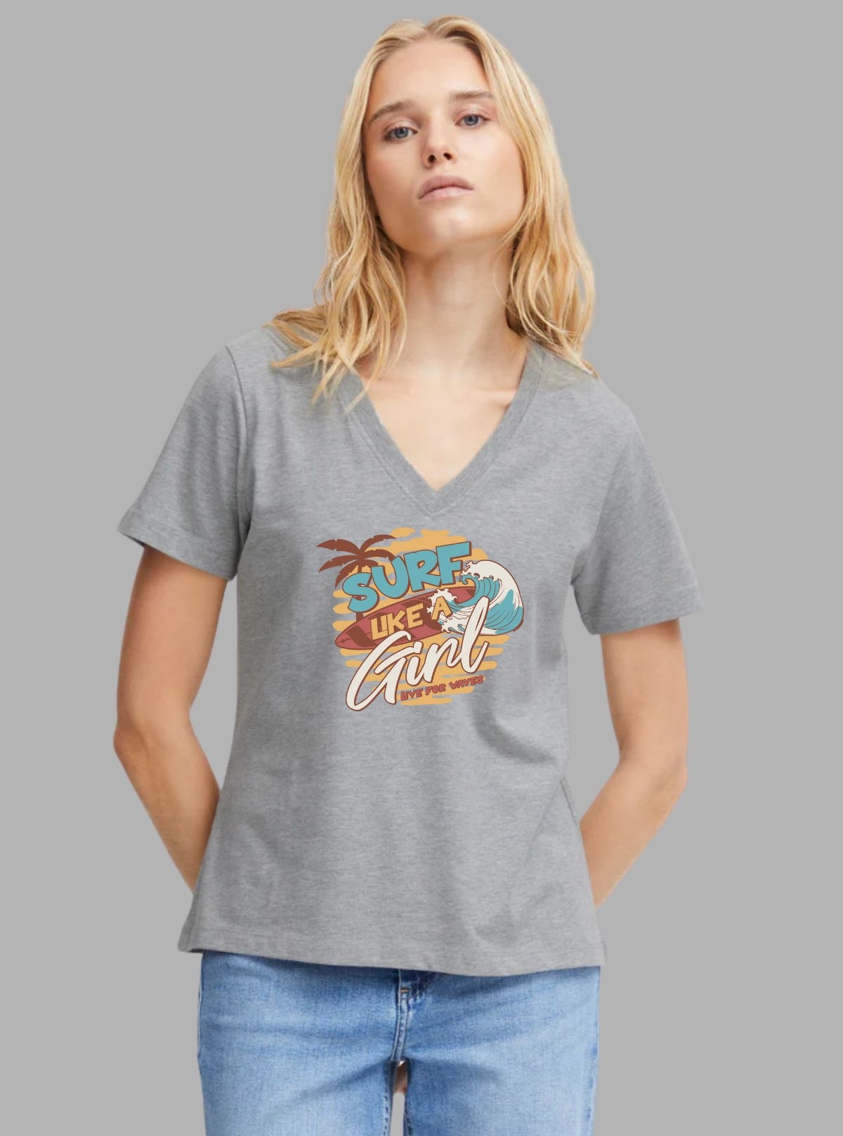 Women's Grey Melange Surfer Print Cotton Jersey Short Sleeve T-Shirt by Boer and Fitch