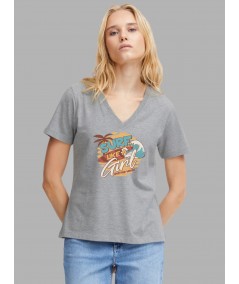Women's Grey Melange Surfer Print Cotton Jersey Short Sleeve T-Shirt by Boer and Fitch