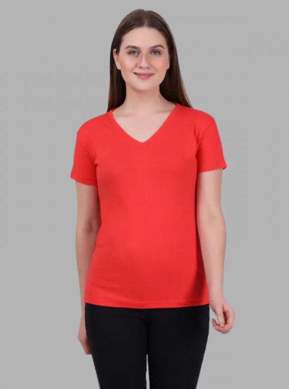 Women’s Coral Solid V-Neck Short Sleeve Cotton Jersey T-Shirt by Boer and Fitch