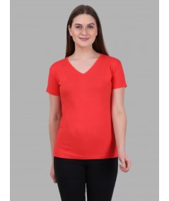 Women’s Coral Solid V-Neck Short Sleeve Cotton Jersey T-Shirt by Boer and Fitch