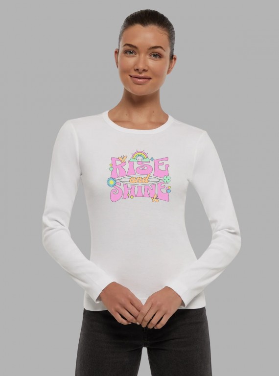 Women's White Crew Neck Holiday Print Long Sleeve Cotton Jersey T-Shirt by Boer and Fitch