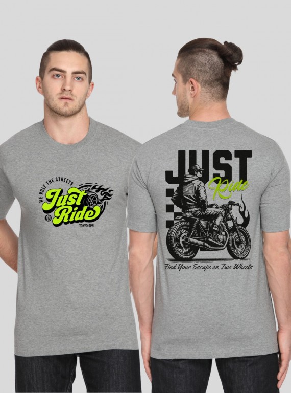 Men's Grey Melange Just Ride Print T-Shirt – Modern Graphic Tee in Soft Cotton