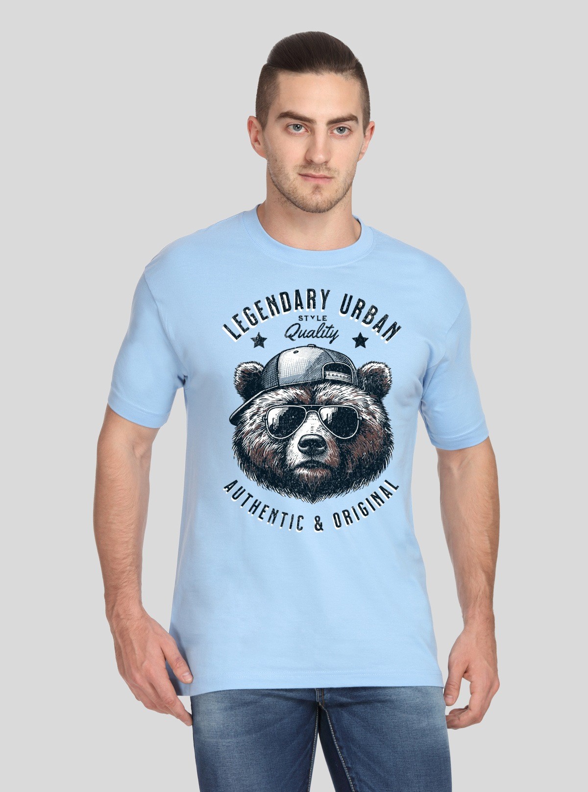 Men’s Blue Bear Print T-Shirt – Bold Graphic Tee for Urban Style