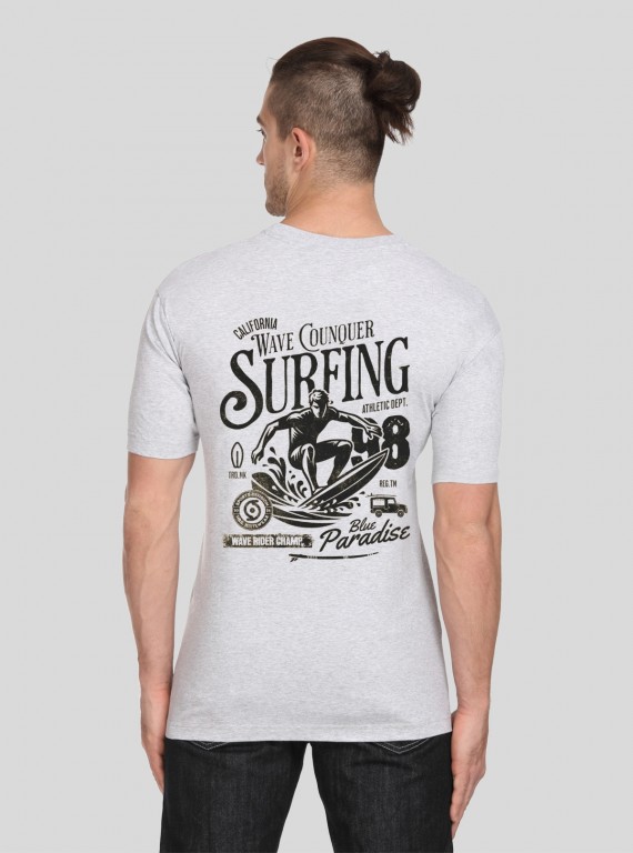 Men’s Grey Melange V-Neck Printed T-Shirt – Casual Comfort Meets Style