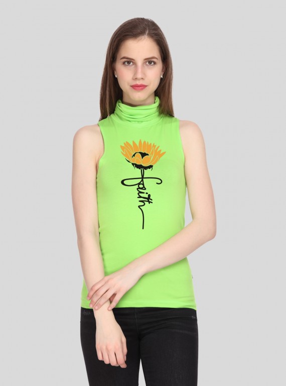Women’s Sleeveless Green Turtle Neck T-Shirt with Flower Print | Boer & Fitch