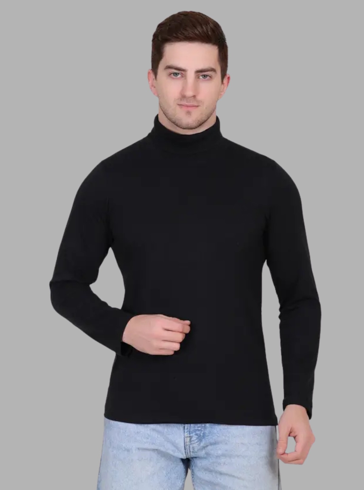 Men's Solid Black High Neck T-Shirt – Stylish Cotton Tee by Boer and Fitch