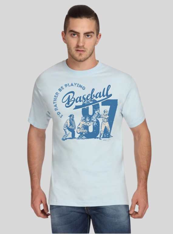 Men’s Light Blue Baseball Print T-Shirt – Coastal Vibes & Casual Comfort