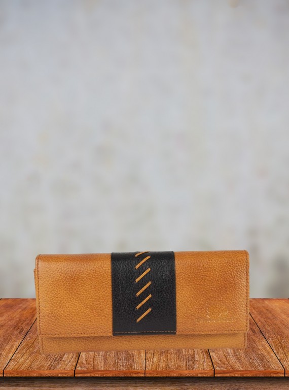 Tan Leather Clutch Wallet with Black Patch – Elegant & Sleek