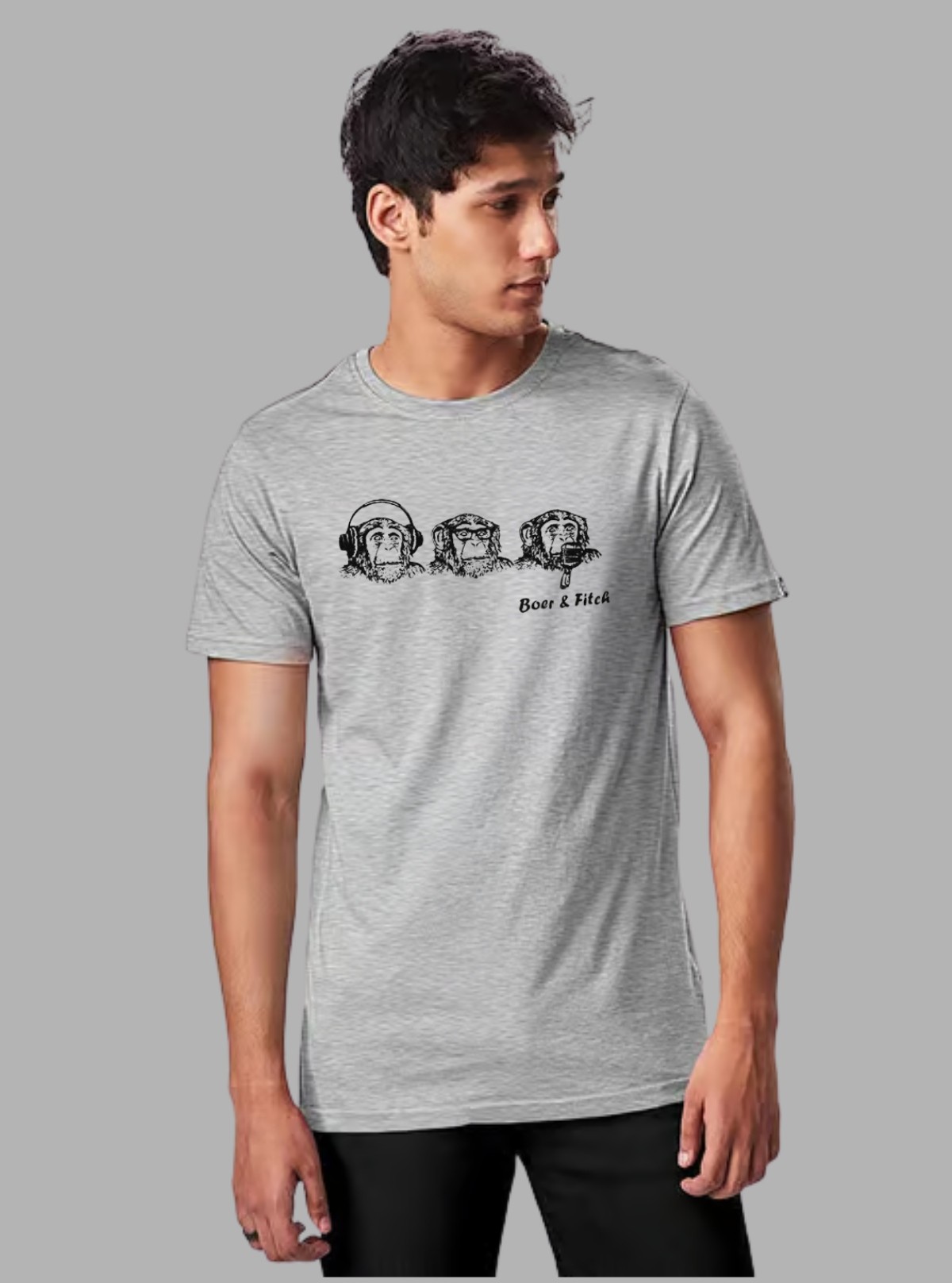 Grey Melange Monkey Print T-Shirt for Men – Casual & Stylish by Boer and Fitch