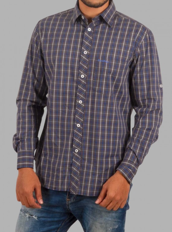 Classic Navy Checked Slim Fit Long Sleeve Shirt for Men – Casual & Smart by Boer and Fitch